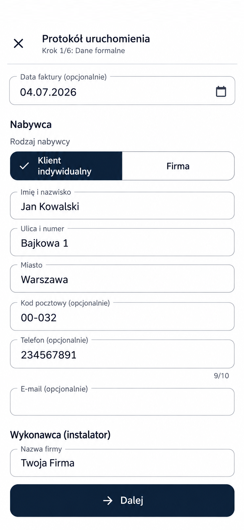 Protokół uruchomienia w aplikacji Clima Pro